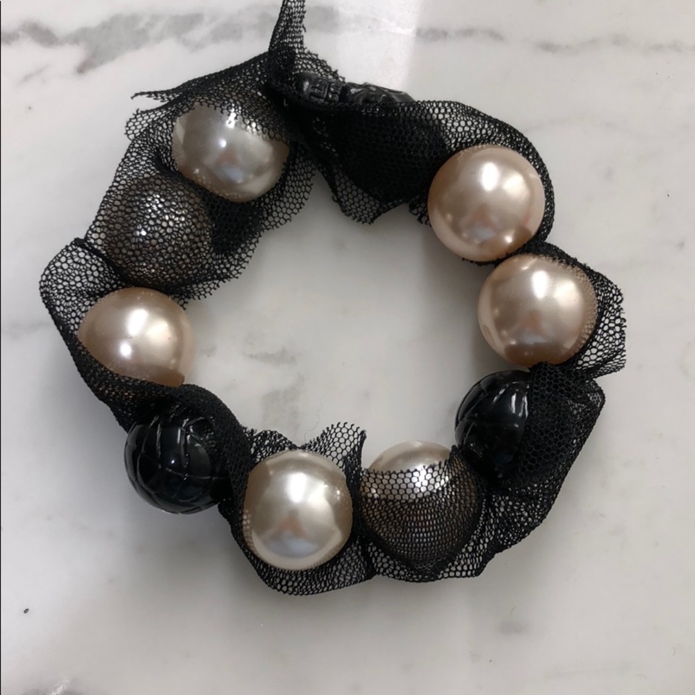Large Pearl beaded skull bracelet with tulle